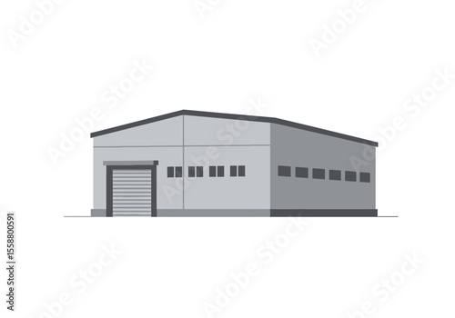 A gray warehouse stands alone with a large rolling door  rows of small windows on both visible sides
