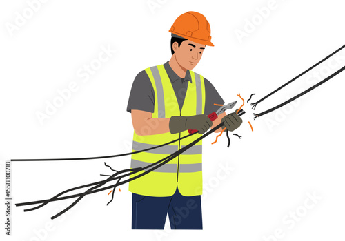 A worker in hard hat cuts wires