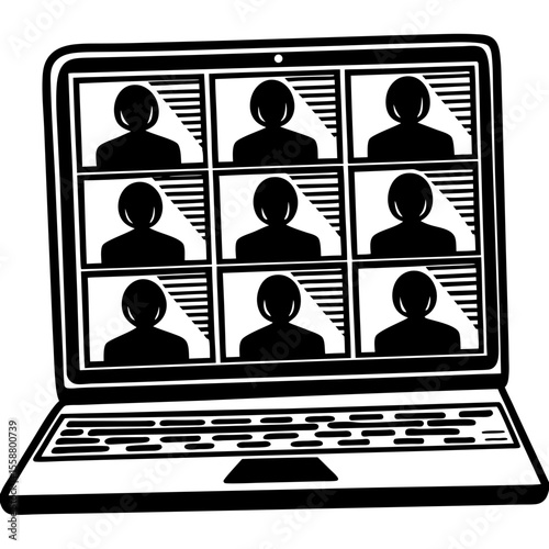 Laptop screen displaying video conference call silhouette vector illustration