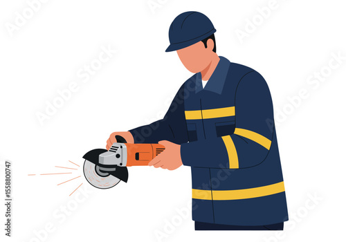 A worker in safety gear is grinding metal with an angle grinder