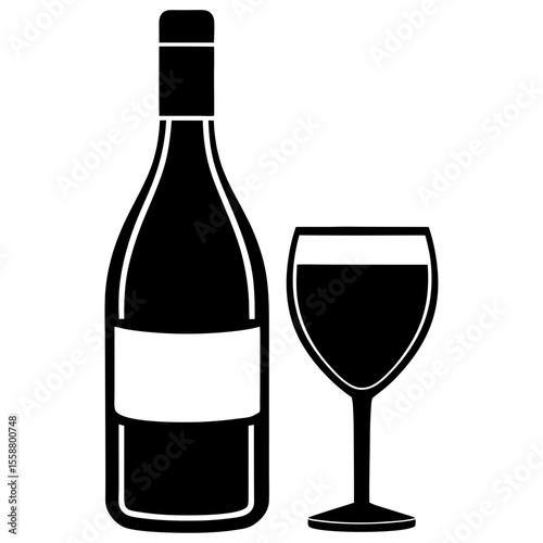 Wine bottle and glass drink beverage alcohol silhouette vector illustration