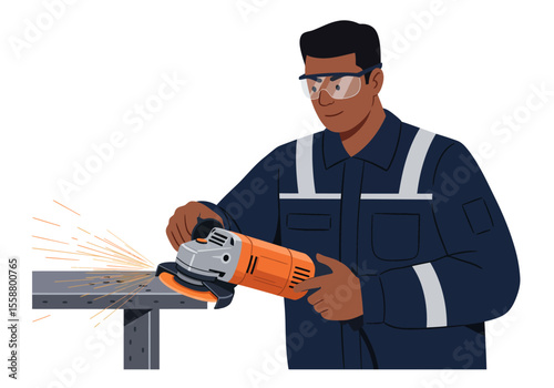 A worker in safety glasses grinds metal sparks flying