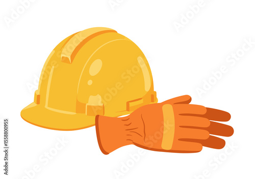 A yellow hard hat rests next to an orange work glove