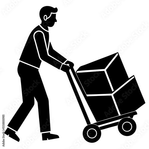 Man pushing hand truck with boxes silhouette vector illustration