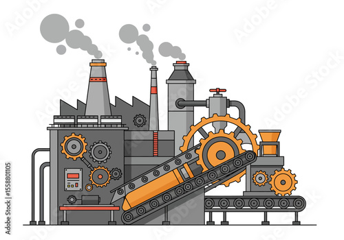 Cartoon factory with gears smokestacks emitting smoke and a conveyor belt carrying an orange cylinder