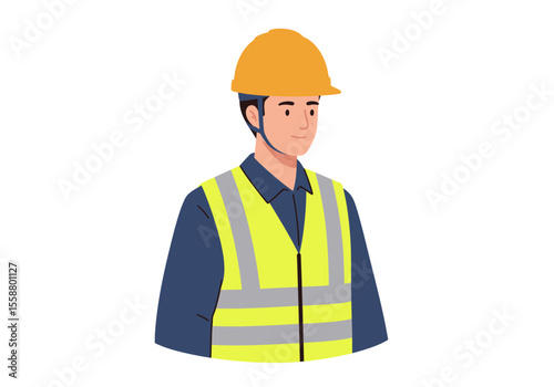 Cartoon illustration of a construction worker wearing safety gear and hardhat
