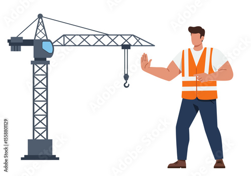 Cartoon image a construction worker signaling Stop to a crane