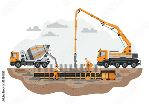 Construction scene cement trucks pump workers pouring concrete in a foundation