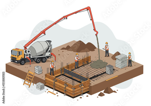 Construction scene concrete pump workers foundation mold materials and dirt piles visible