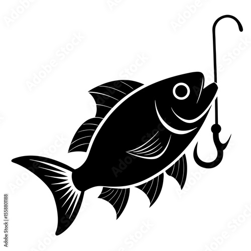 Fish caught on a hook fishing sport black silhouette vector illustration