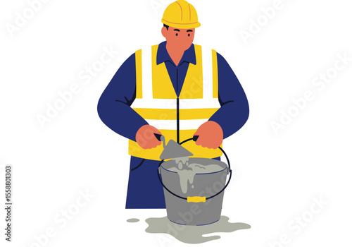Construction worker in safety gear uses a trowel to mix cement in a bucket
