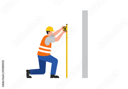 Construction worker measuring wall with tape measure
