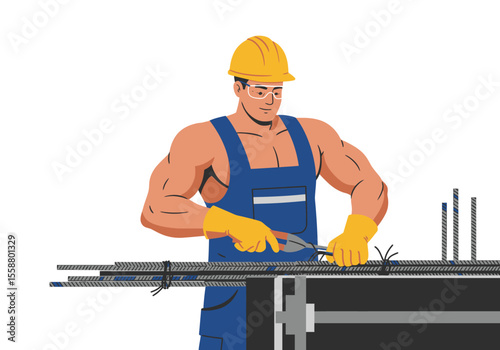 Construction worker ties rebar wearing safety gear on a construction site