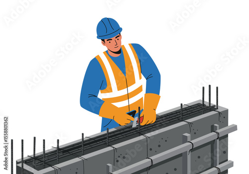 Construction worker securing rebar inside concrete mold wearing safety gear