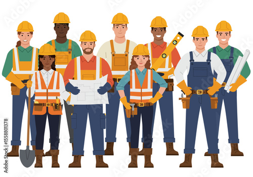 Eight cartoon construction workers wearing hard hats pose with tools  blueprints