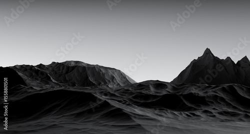 Black mountains,rocky gloomy landscape,abstract mountain landscape black and gray, minimalist, gloomy. Black stone relief cliffs. 3D render.