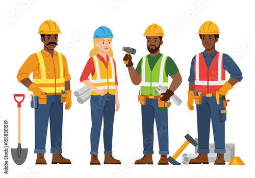 Four construction workers stand in safety gear tools visible