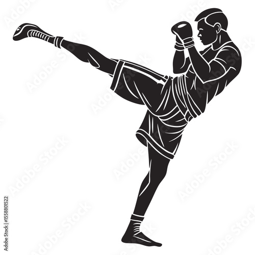 Powerful Kickboxing Silhouette: Martial Arts Action Vector Graphic