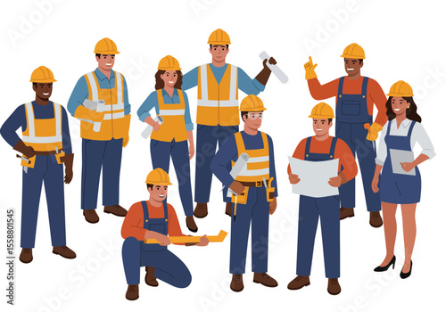 Group of eight construction workers with hard hats various roles and tasks