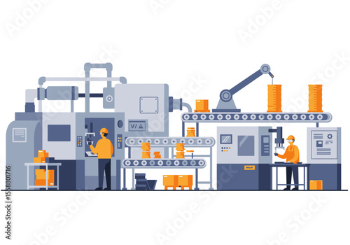 Manufacturing plant with machinery conveyor belts and workers in a stylized flat design