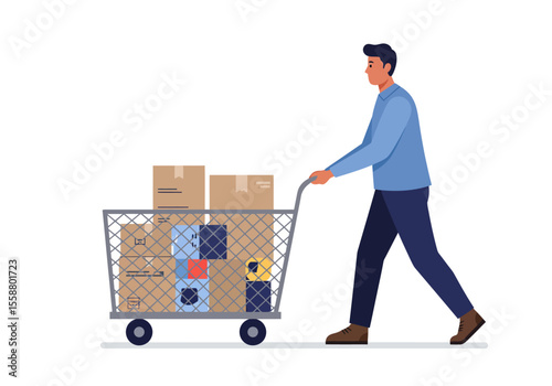 Man pushes cart filled with boxes casual light blue shirt  dark trousers
