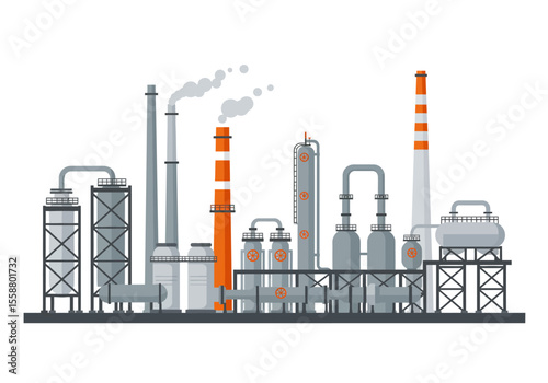 Oil refinery with tall smokestacks emitting gray vapor various tanks and interconnected pipelines on a dark gray ground