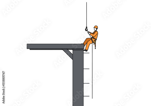 Orangeclad worker descends a tall structure using rope ladder visible