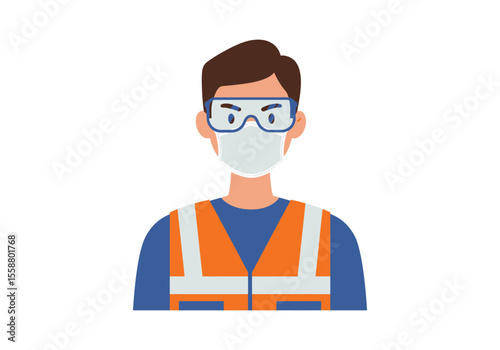 Person in PPE blue shirt orange safety vest glasses and face mask