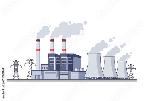 Power plant with chimneys smoke and cooling towers