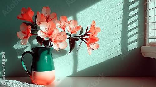 Coral flowers in teal pitcher
