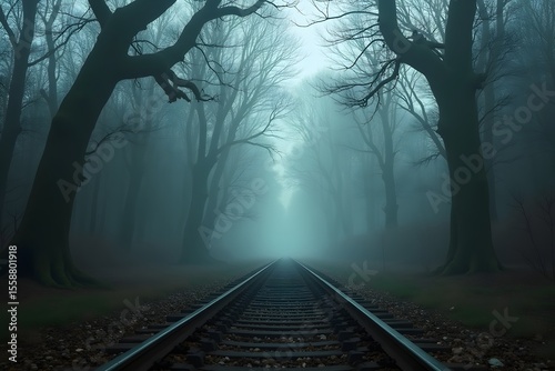 Misty forest railway path tracks trees