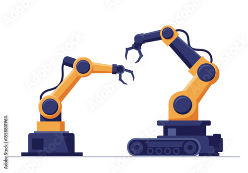 Two cartoonish industrial robots one with tracks face each other with gripping claws poised against a plain white backdrop