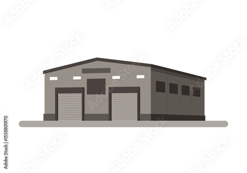 Warehouse building with two rollup doors several windows and a sign area on a gray concrete pad