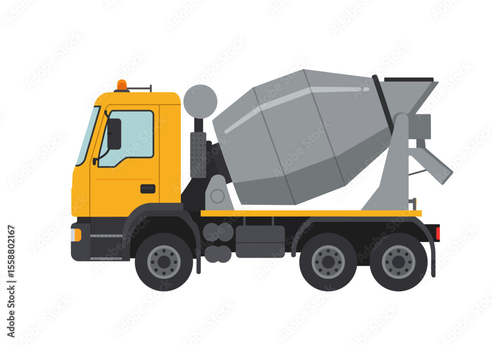 Fototapeta premium Yellow gray cement mixer truck driverside view on a white background