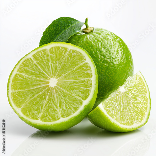 Close up shot of a vibrant green lime wedge, showing its juicy pulp and thin peel. Isolated against a clean white background with a subtle reflection.