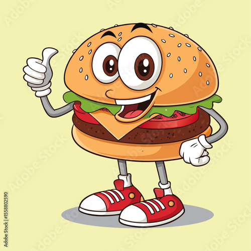 Cheerful cartoon burger mascot character, Groovy mascot, Groovy style vector illustration, Vector art, Cartoon character mascot illustration