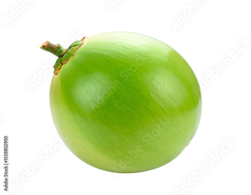 Lush green young coconut captured in a close-up highlighting its smooth texture and vibrant color