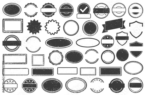 Stamps frames vector icon shape set. Black Stamp grunge ink rubber labels sign collection. Isolated on white background. Black round and square stamp border pack.