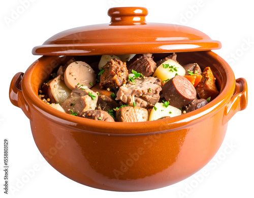 Rustic clay pot brimming with a rich and comforting stew of succulent meats and fresh vegetables.