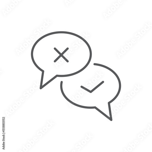Line style icon of two speech bubbles with check and cross marks, representing feedback, approval, rejection, or pros and cons