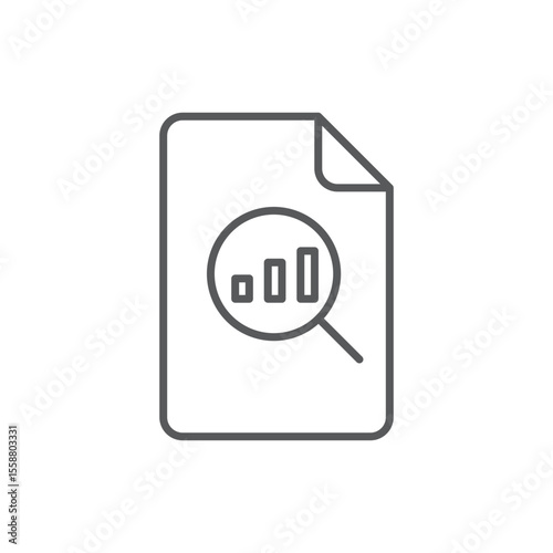 Line style icon of a document with a magnifying glass over a bar chart, representing data analysis, report investigation, or financial audit
