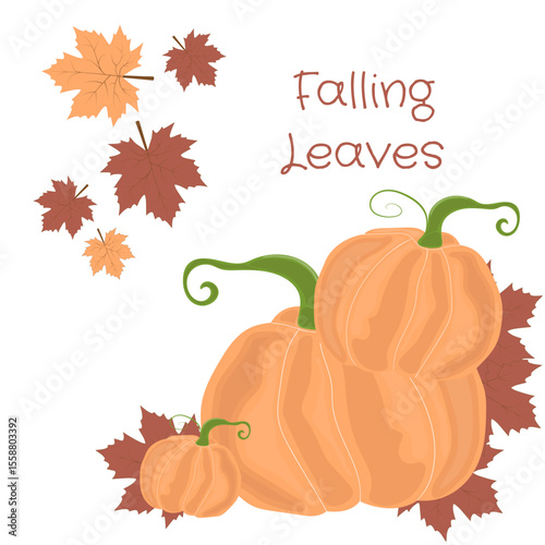 Falling leaves, Happy, Autumn, Hello, fall leaves, Pumpkin, vector illustration, white background, leaves, yellow, red, green, yellow, brushes, strokes, seasonal, nature in motion, design