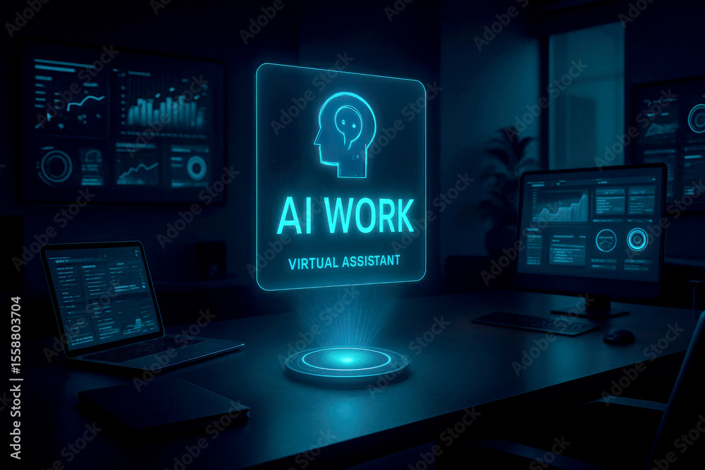 Fototapeta premium Futuristic ai office virtual assistant hologram displaying data artificial intelligence