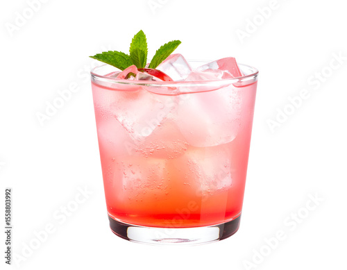 A vibrant, refreshing pink and red drink, garnished with crisp mint leaves and sparkling ice.