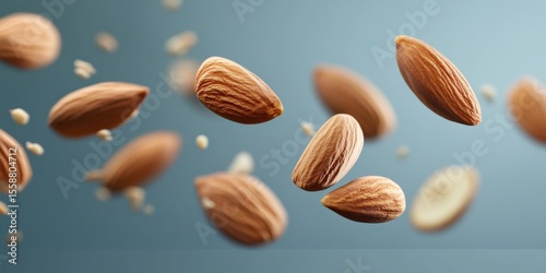 almonds floating in the air on a uniform background