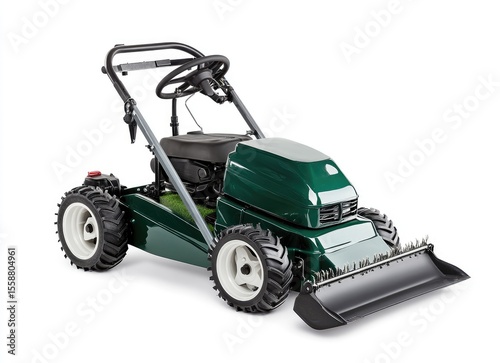 Green lawn aerator with large wheels and a seat for comfortable operation on uneven terrain.
