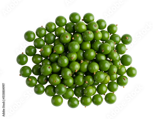 A fresh and vibrant cluster of small, unripe green berries presents a rich, natural texture.