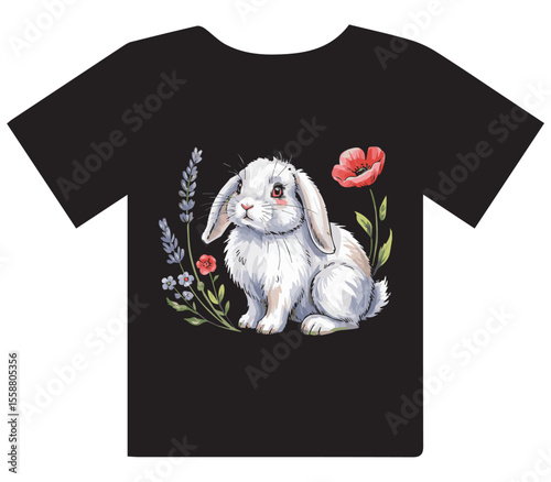 Cute White Rabbit with Flowers T-Shirt Design" or "Watercolor Bunny and Botanical Elements Graphic Tee