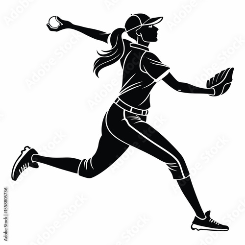 Powerful Softball Player Silhouette: Dynamic Action Pose for Sports Graphics