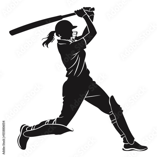 Powerful Female Cricket Player Silhouette: Action Shot, Vector Graphic, Sports Illustration